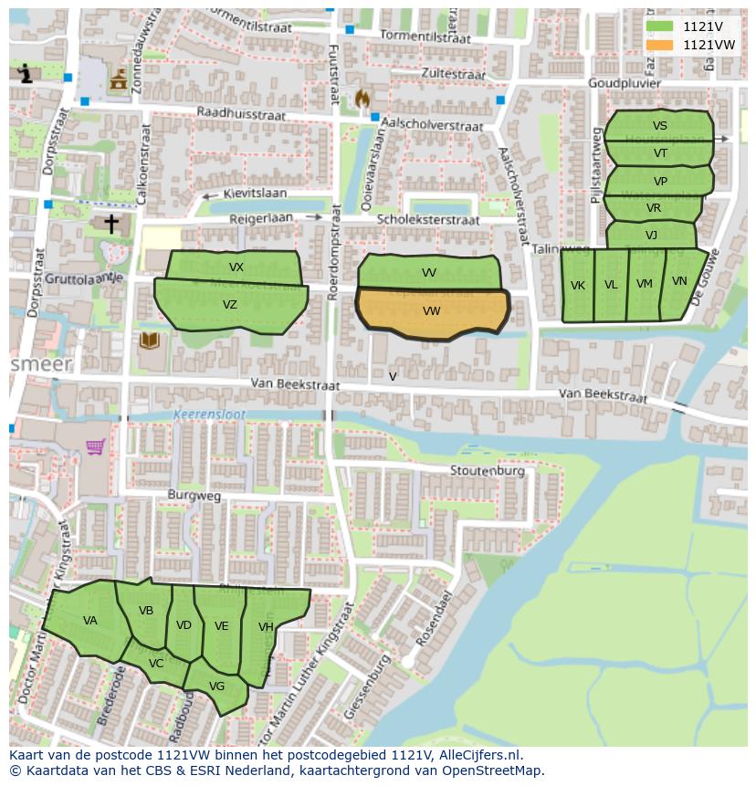 Afbeelding van het postcodegebied 1121 VW op de kaart.