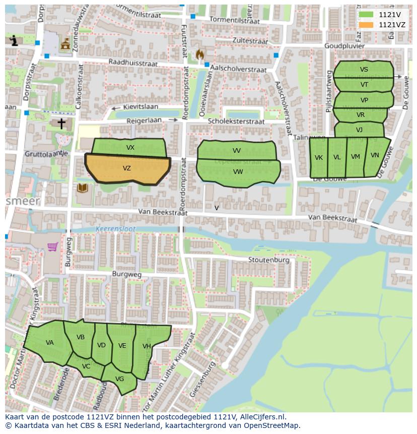 Afbeelding van het postcodegebied 1121 VZ op de kaart.