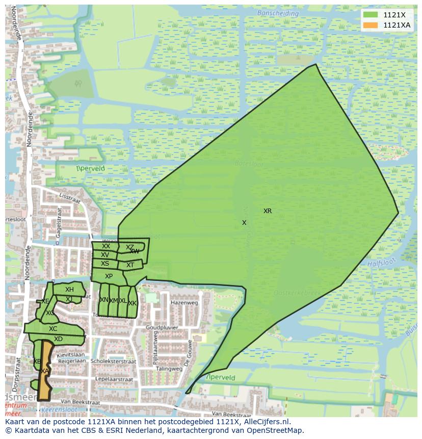 Afbeelding van het postcodegebied 1121 XA op de kaart.