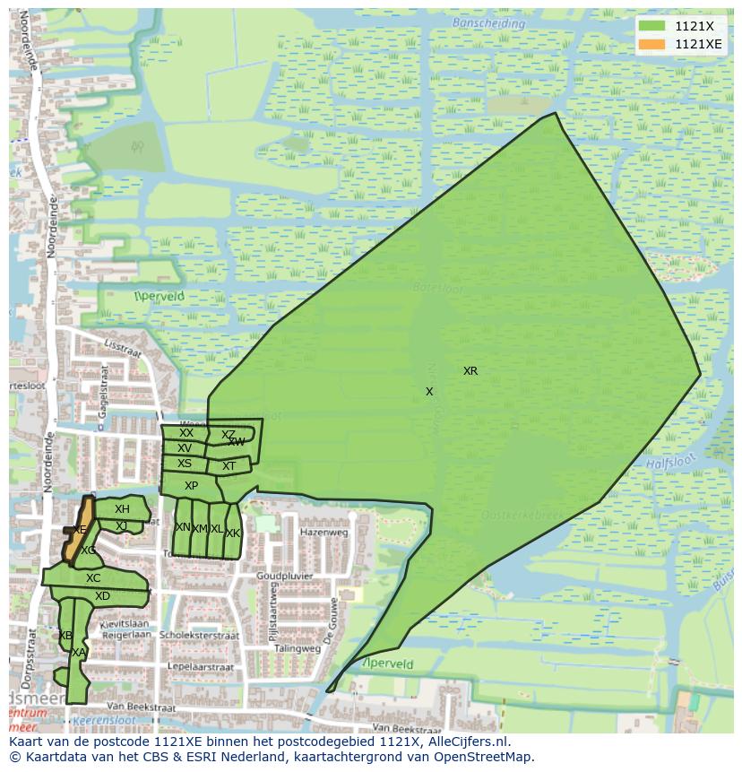 Afbeelding van het postcodegebied 1121 XE op de kaart.