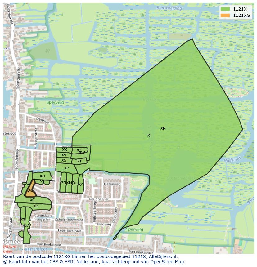 Afbeelding van het postcodegebied 1121 XG op de kaart.