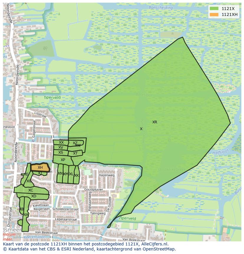 Afbeelding van het postcodegebied 1121 XH op de kaart.