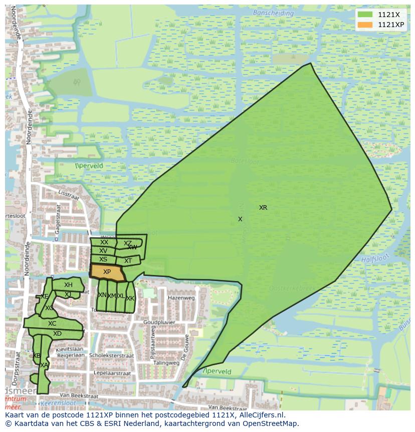 Afbeelding van het postcodegebied 1121 XP op de kaart.