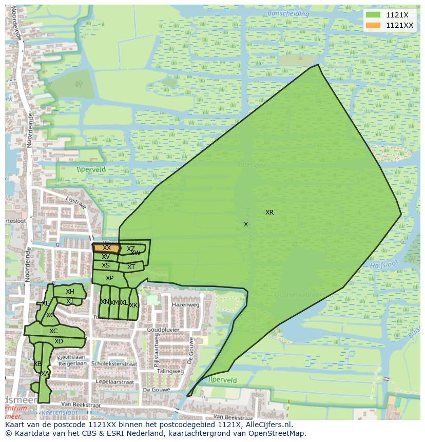 Afbeelding van het postcodegebied 1121 XX op de kaart.