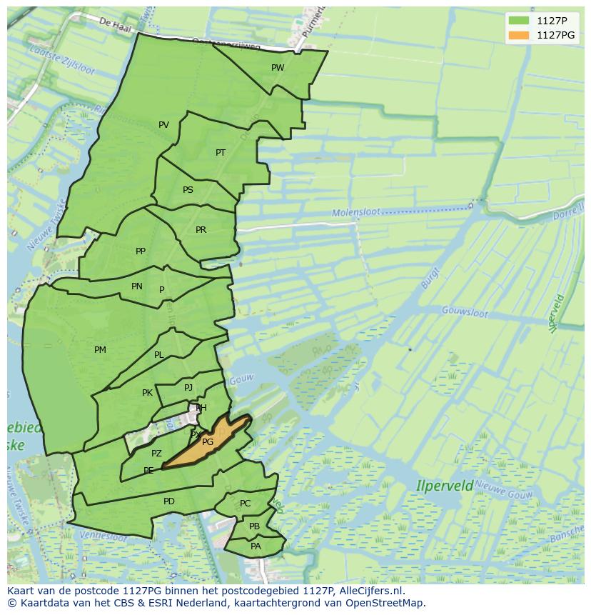 Afbeelding van het postcodegebied 1127 PG op de kaart.