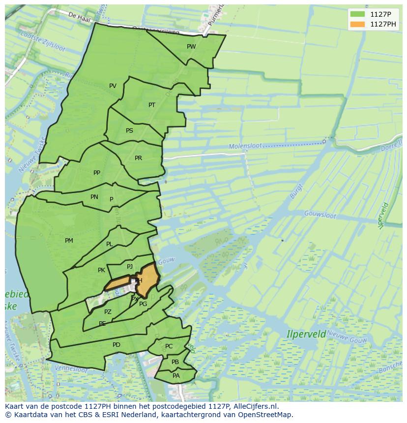 Afbeelding van het postcodegebied 1127 PH op de kaart.