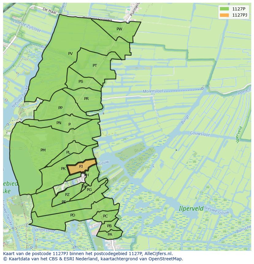 Afbeelding van het postcodegebied 1127 PJ op de kaart.