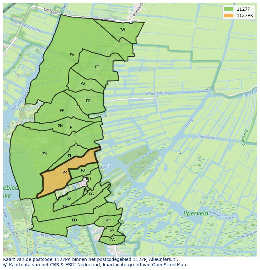 Afbeelding van het postcodegebied 1127 PK op de kaart.