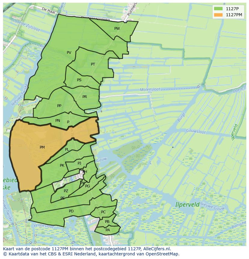 Afbeelding van het postcodegebied 1127 PM op de kaart.