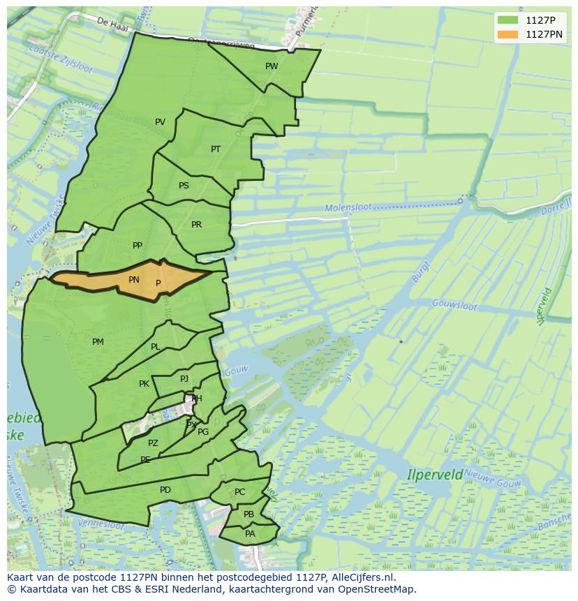 Afbeelding van het postcodegebied 1127 PN op de kaart.