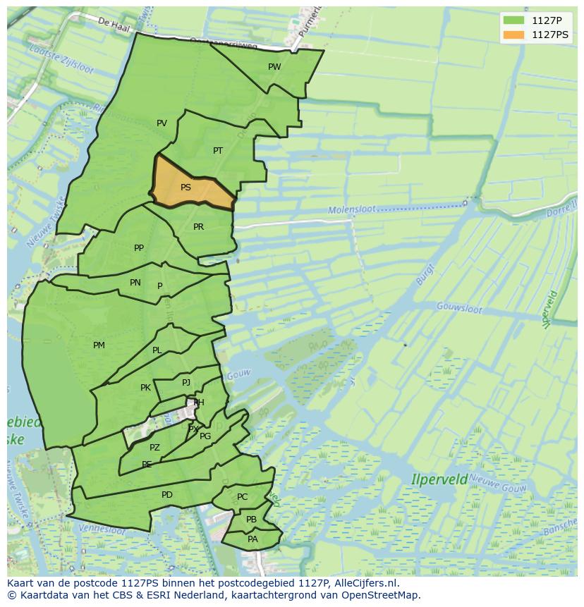 Afbeelding van het postcodegebied 1127 PS op de kaart.