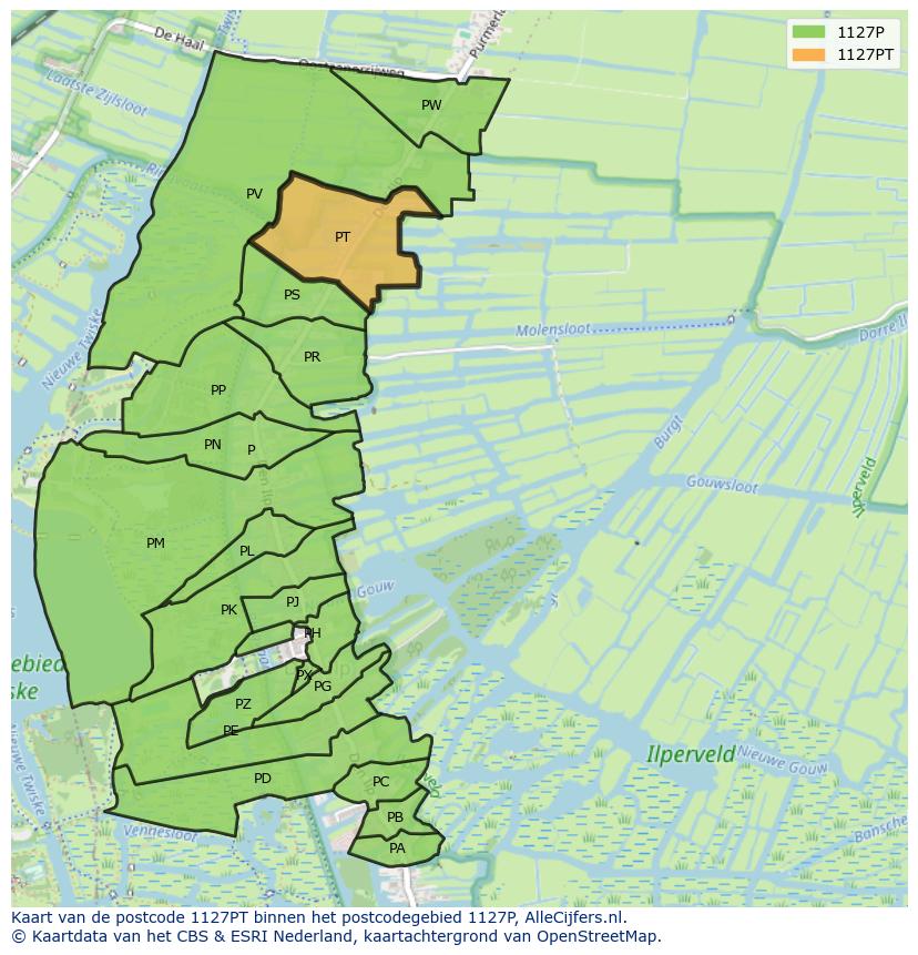 Afbeelding van het postcodegebied 1127 PT op de kaart.