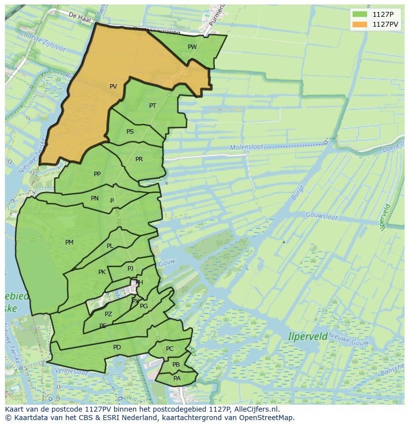 Afbeelding van het postcodegebied 1127 PV op de kaart.