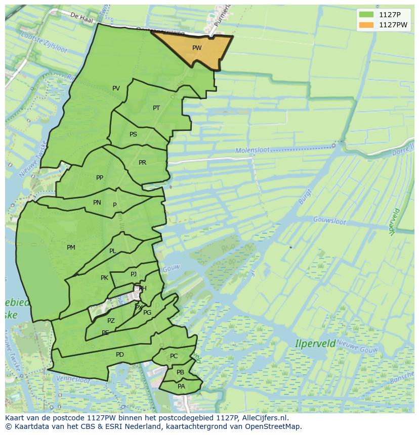 Afbeelding van het postcodegebied 1127 PW op de kaart.