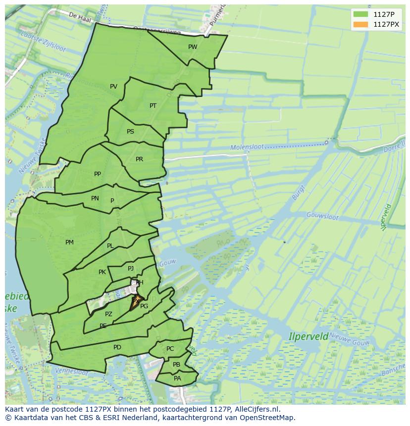 Afbeelding van het postcodegebied 1127 PX op de kaart.
