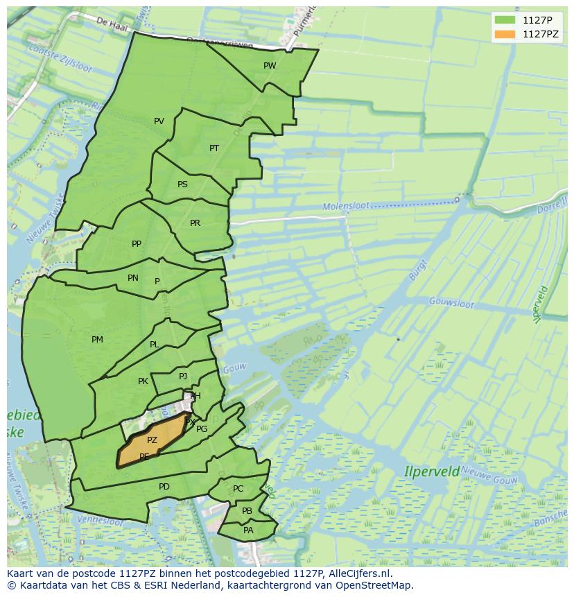 Afbeelding van het postcodegebied 1127 PZ op de kaart.