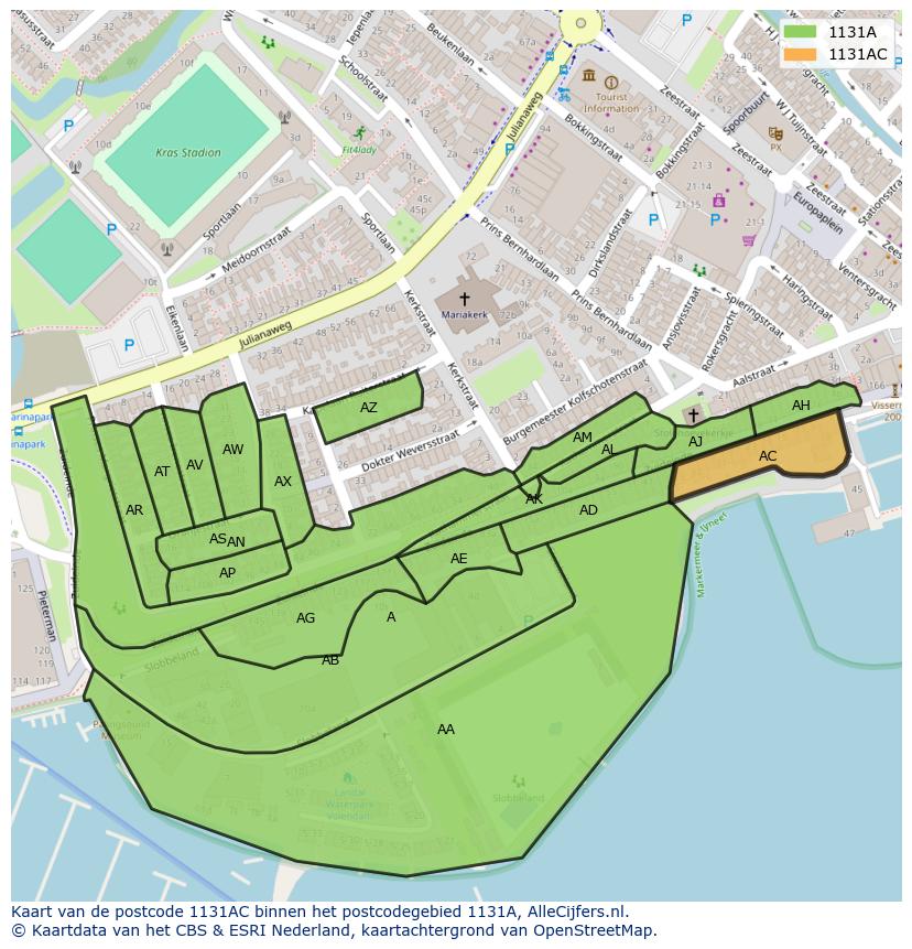 Afbeelding van het postcodegebied 1131 AC op de kaart.