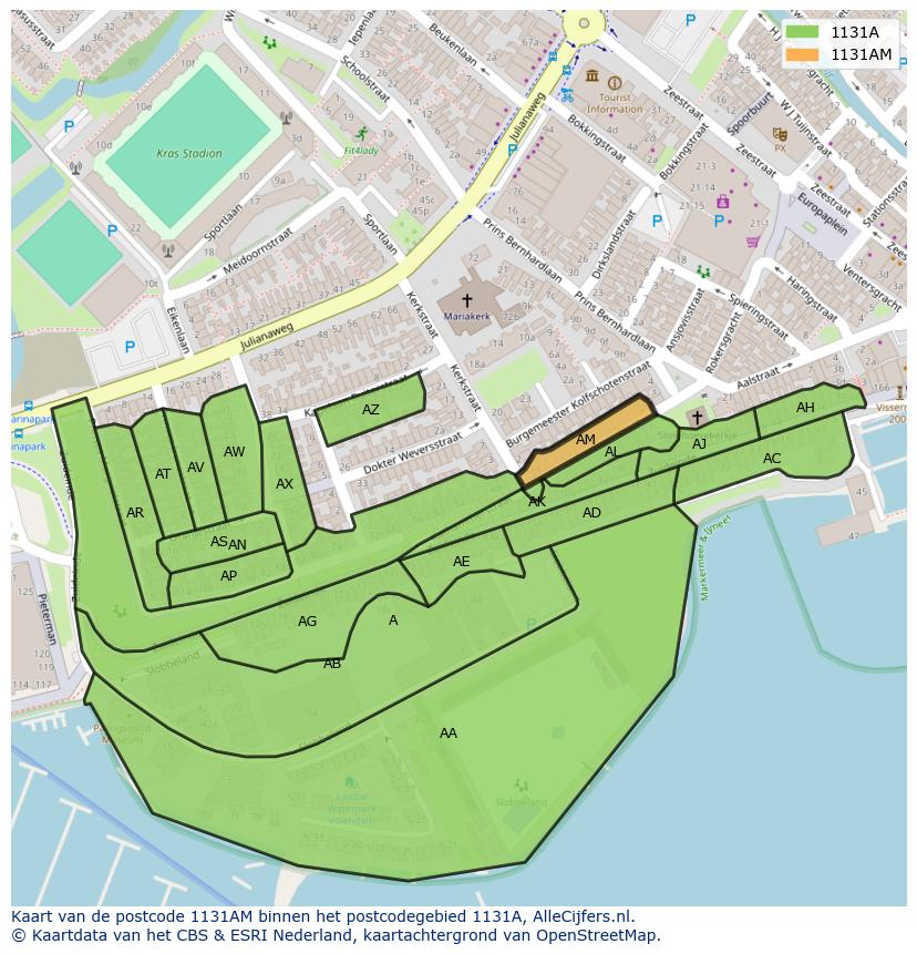 Afbeelding van het postcodegebied 1131 AM op de kaart.