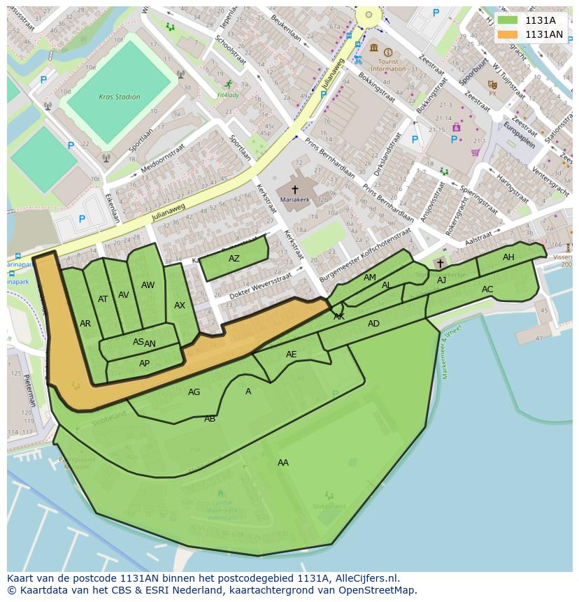 Afbeelding van het postcodegebied 1131 AN op de kaart.