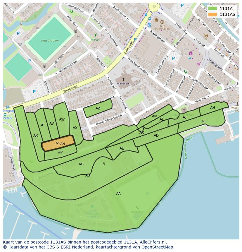 Afbeelding van het postcodegebied 1131 AS op de kaart.