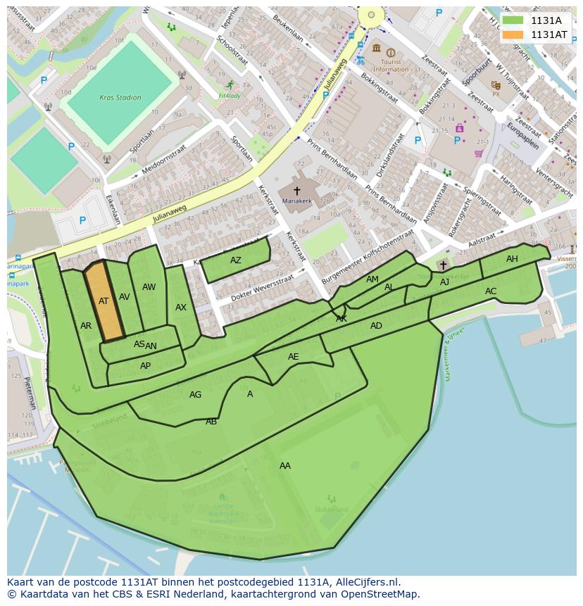 Afbeelding van het postcodegebied 1131 AT op de kaart.