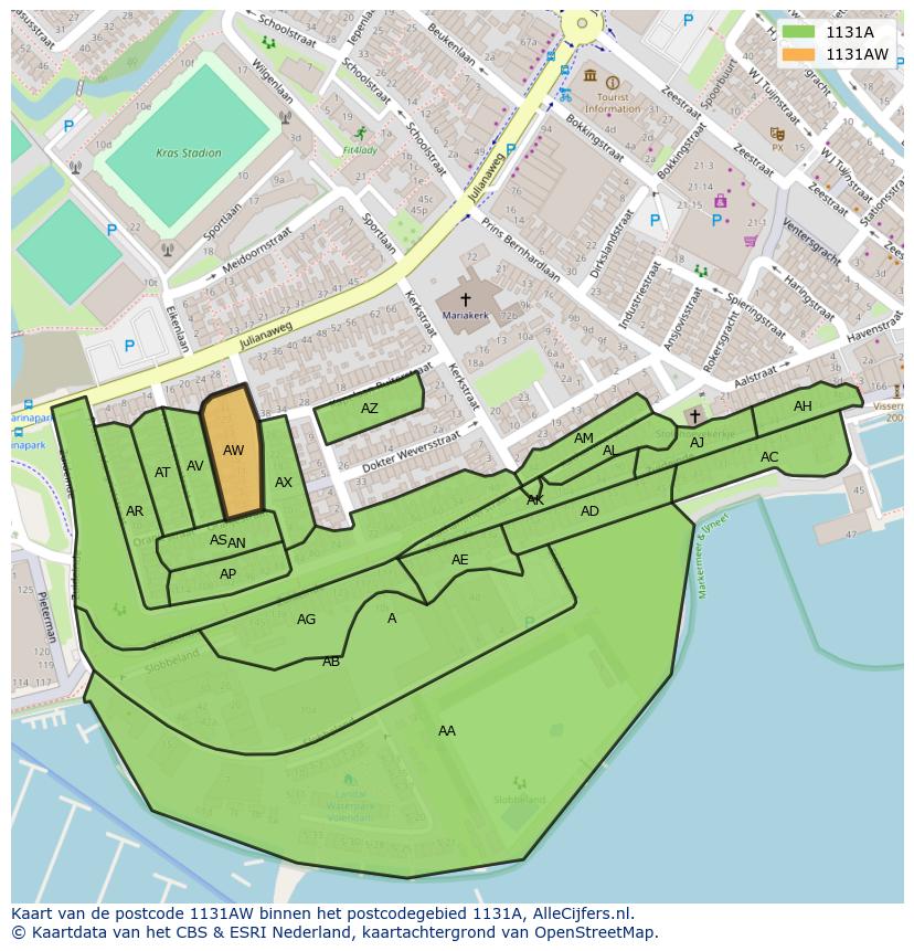 Afbeelding van het postcodegebied 1131 AW op de kaart.