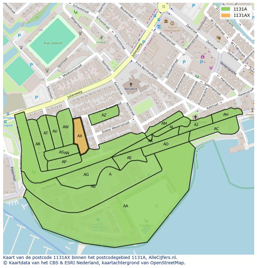 Afbeelding van het postcodegebied 1131 AX op de kaart.