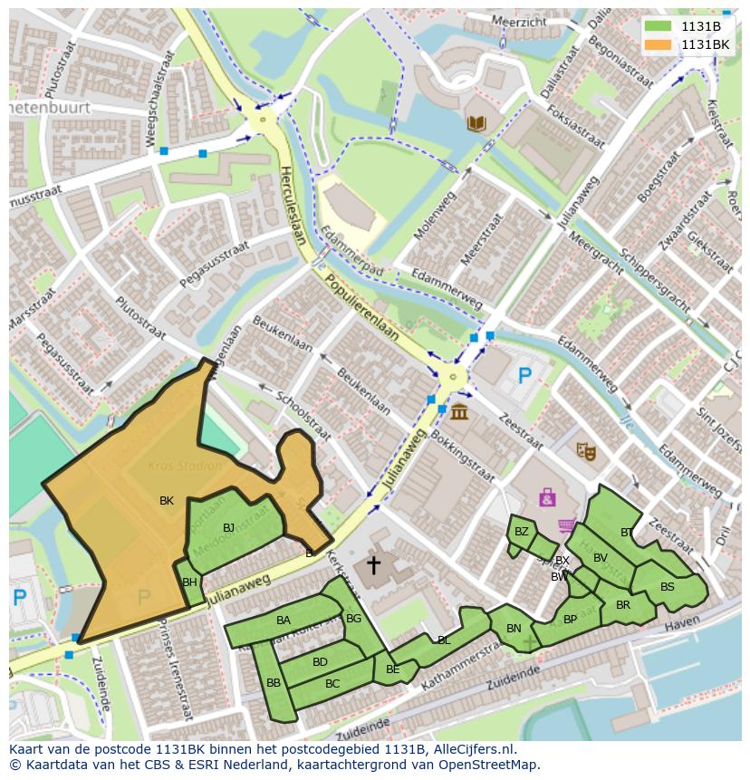 Afbeelding van het postcodegebied 1131 BK op de kaart.
