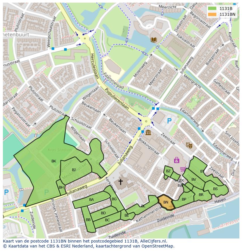 Afbeelding van het postcodegebied 1131 BN op de kaart.