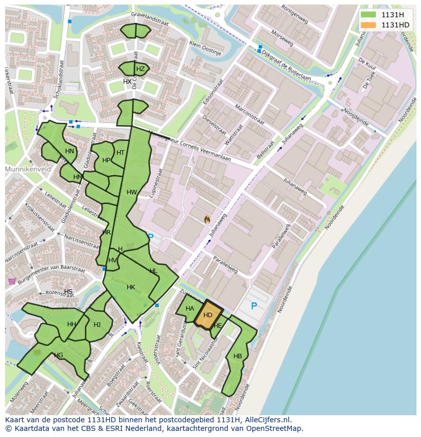 Afbeelding van het postcodegebied 1131 HD op de kaart.