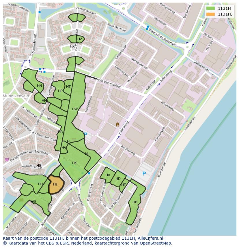 Afbeelding van het postcodegebied 1131 HJ op de kaart.