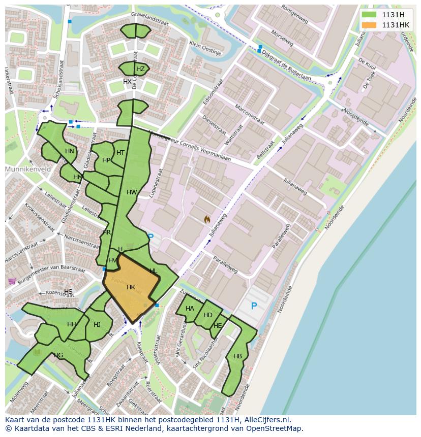 Afbeelding van het postcodegebied 1131 HK op de kaart.