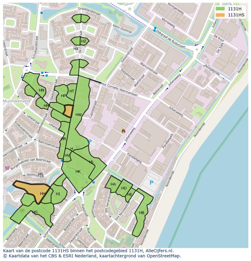 Afbeelding van het postcodegebied 1131 HS op de kaart.