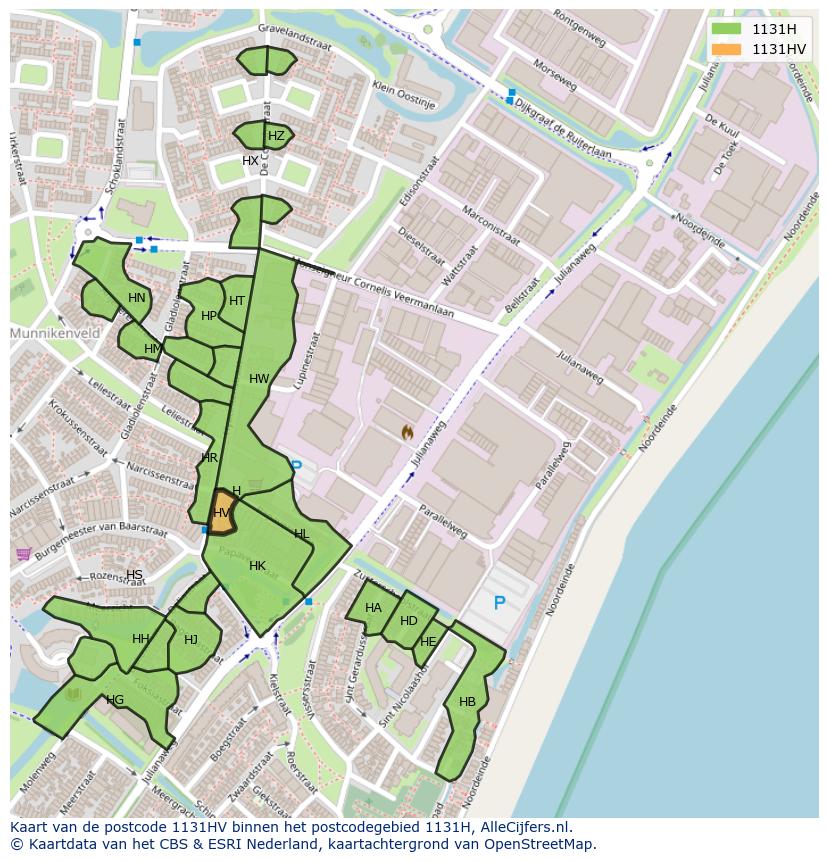 Afbeelding van het postcodegebied 1131 HV op de kaart.