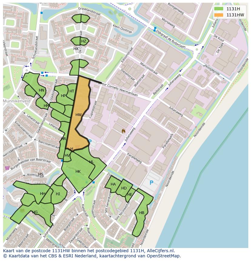 Afbeelding van het postcodegebied 1131 HW op de kaart.