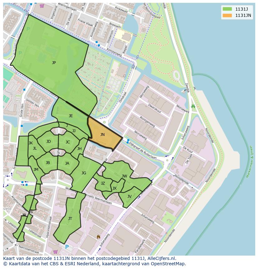Afbeelding van het postcodegebied 1131 JN op de kaart.