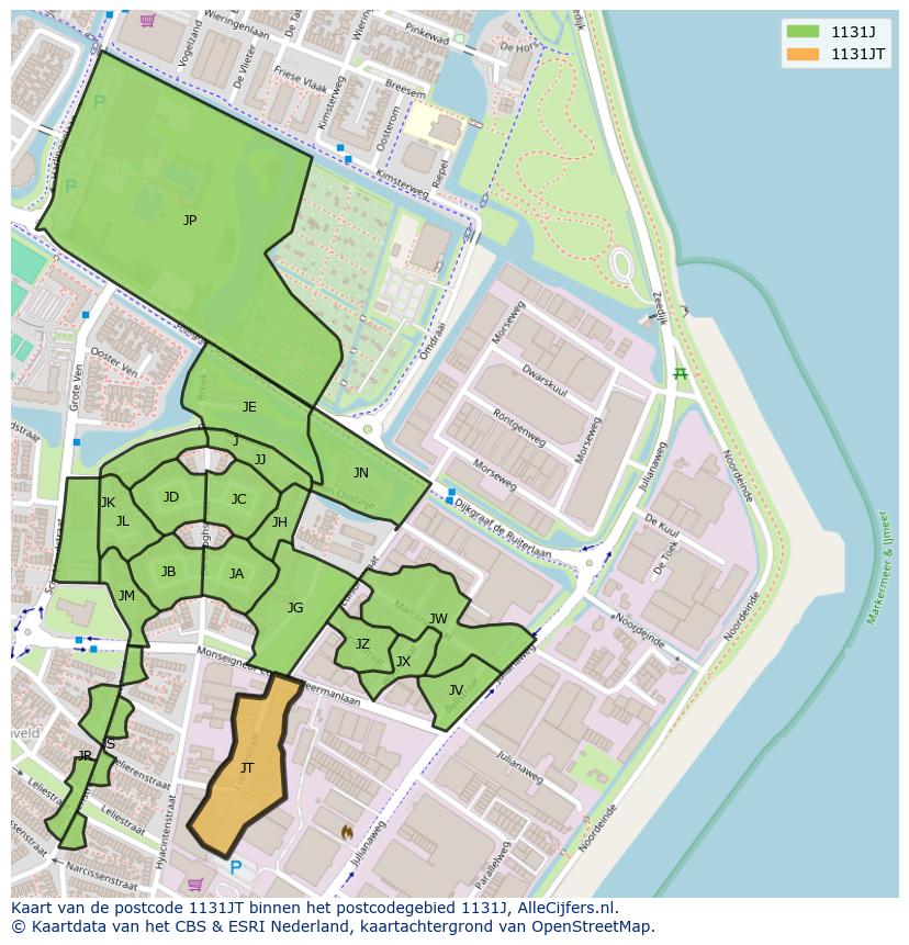 Afbeelding van het postcodegebied 1131 JT op de kaart.