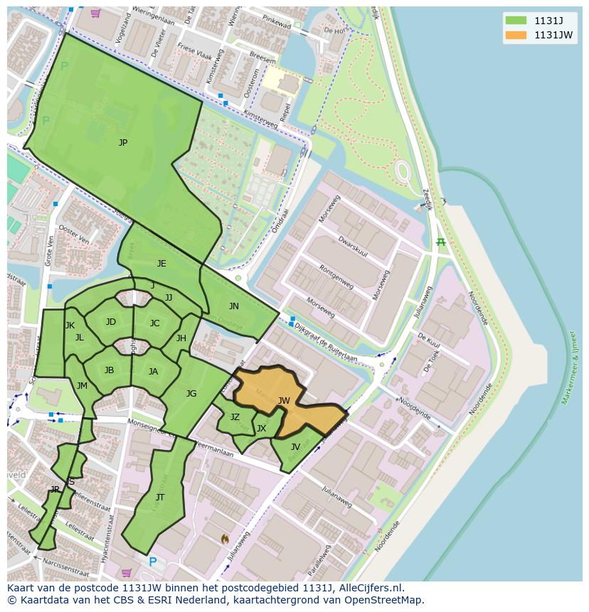 Afbeelding van het postcodegebied 1131 JW op de kaart.
