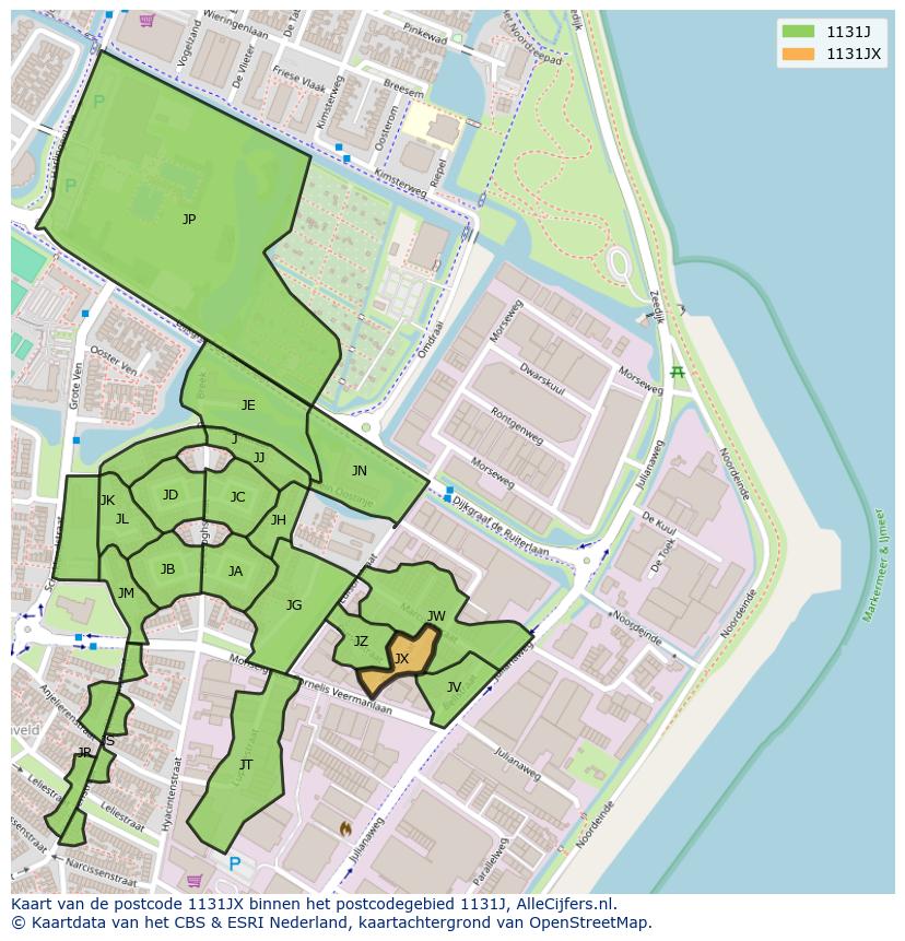 Afbeelding van het postcodegebied 1131 JX op de kaart.