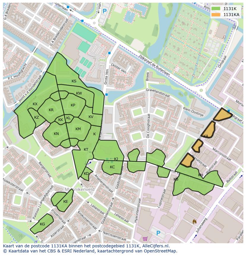 Afbeelding van het postcodegebied 1131 KA op de kaart.