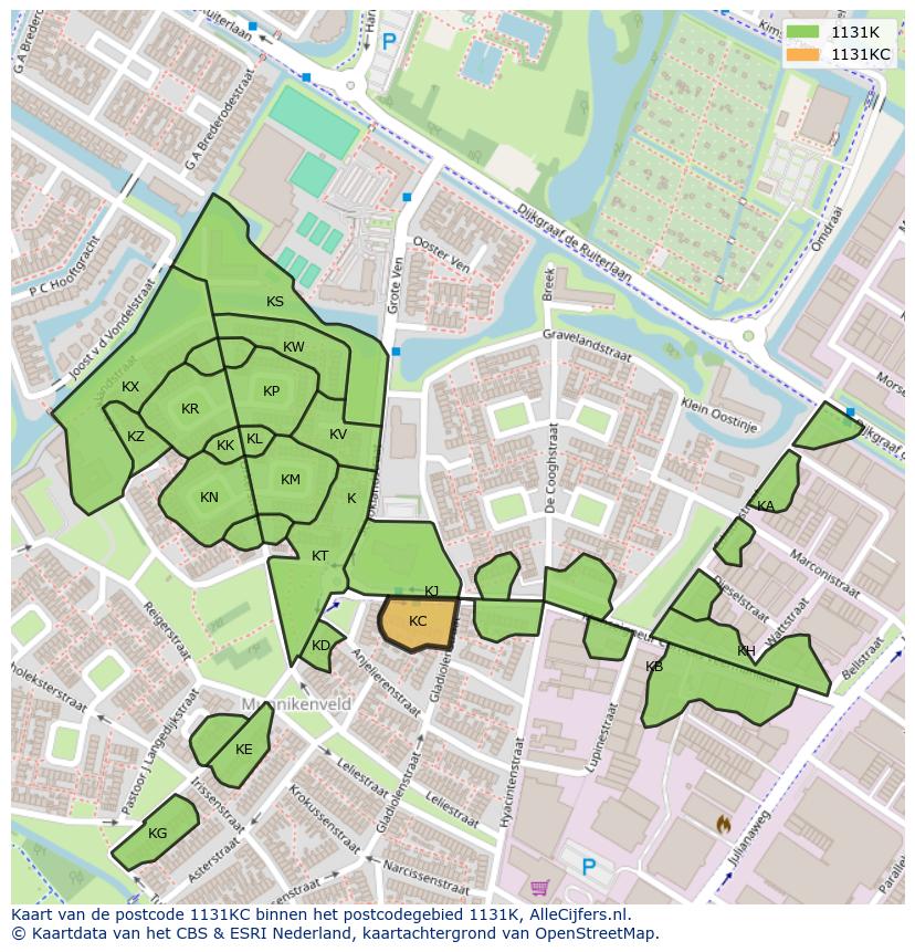 Afbeelding van het postcodegebied 1131 KC op de kaart.
