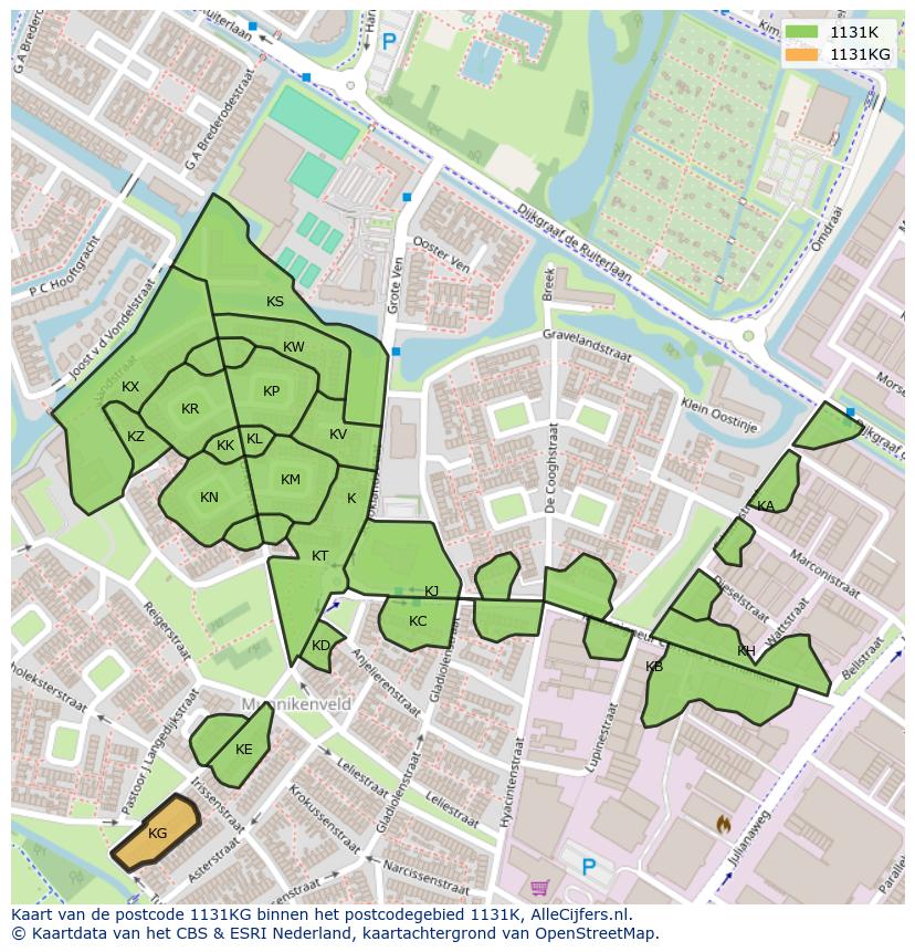 Afbeelding van het postcodegebied 1131 KG op de kaart.