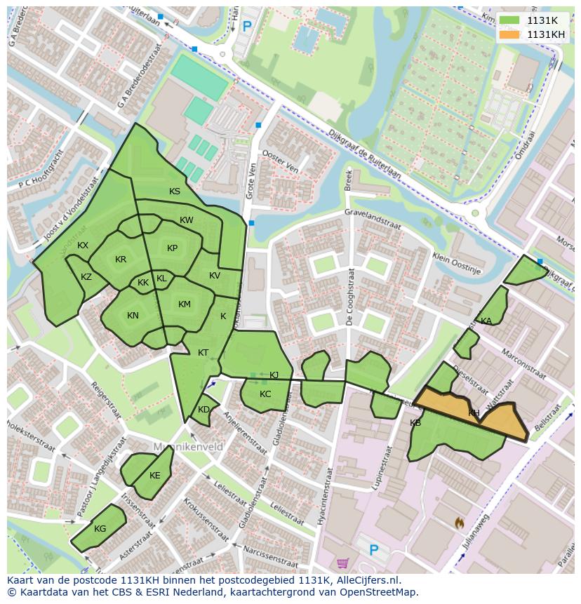 Afbeelding van het postcodegebied 1131 KH op de kaart.
