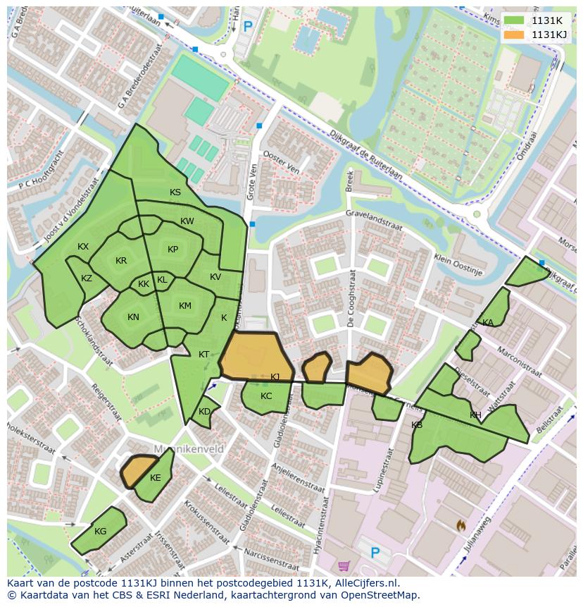Afbeelding van het postcodegebied 1131 KJ op de kaart.