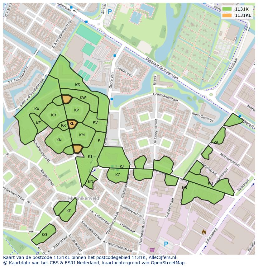 Afbeelding van het postcodegebied 1131 KL op de kaart.