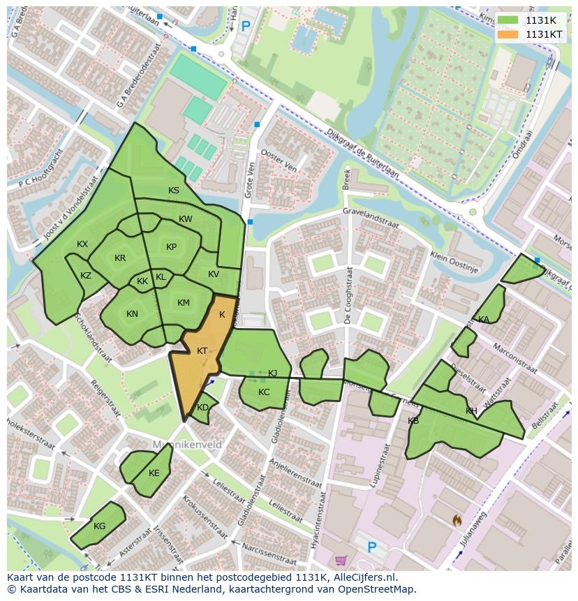 Afbeelding van het postcodegebied 1131 KT op de kaart.