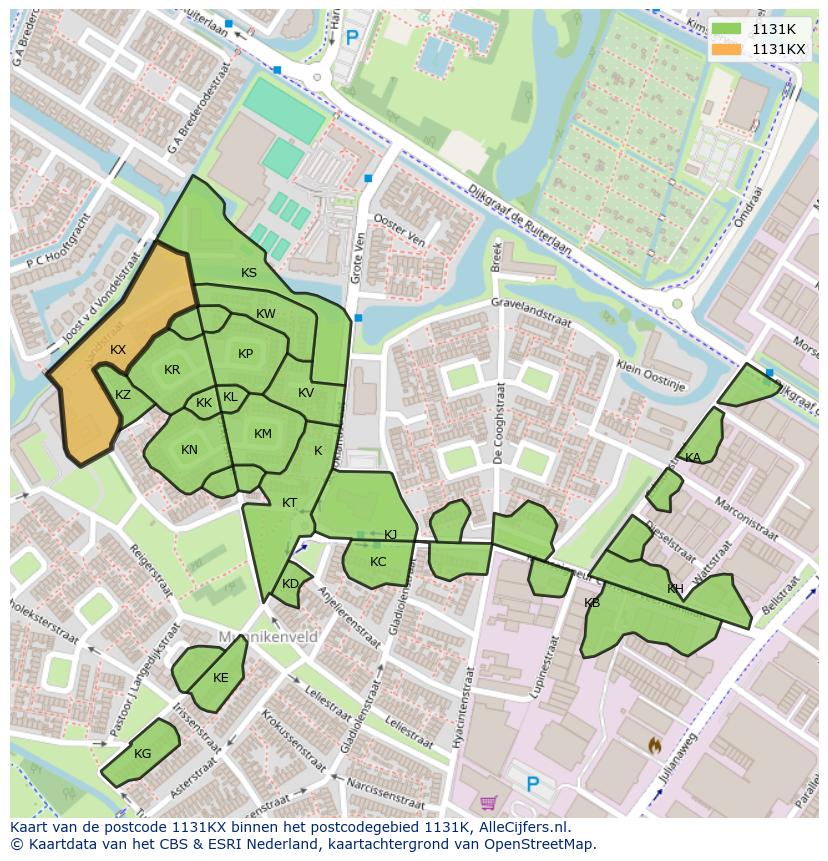 Afbeelding van het postcodegebied 1131 KX op de kaart.