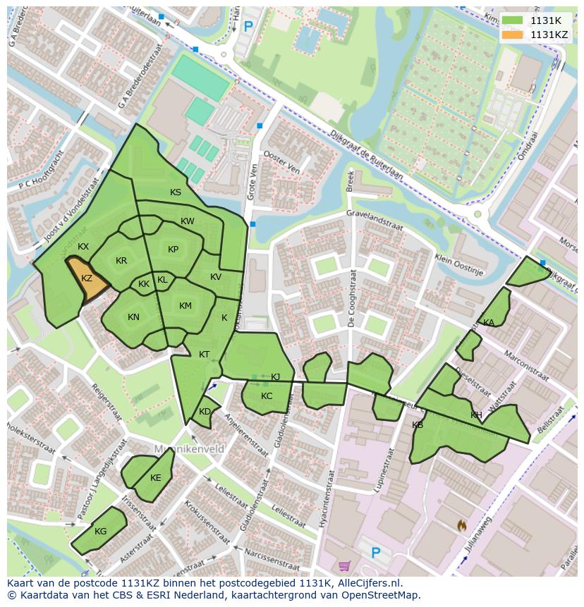 Afbeelding van het postcodegebied 1131 KZ op de kaart.