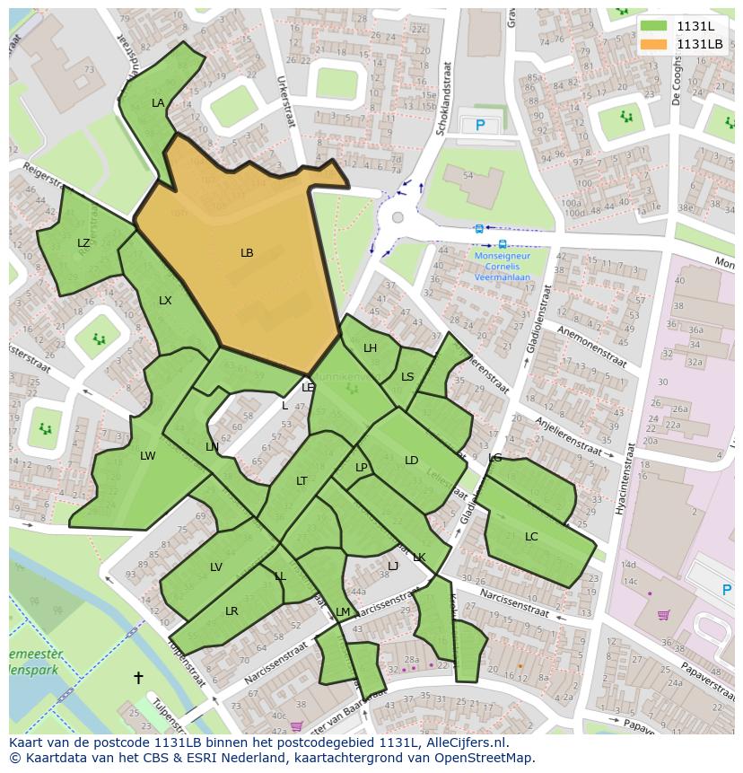 Afbeelding van het postcodegebied 1131 LB op de kaart.