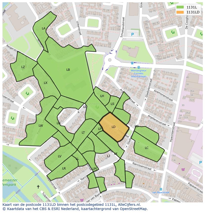 Afbeelding van het postcodegebied 1131 LD op de kaart.